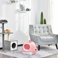 PawHut Maison De Toilette Portable Pour Chat Tiroir à Litière Coulissant Porte Battante Lucarne + Pelle Fournis Dim. 47L X 55l X 44H Cm Rose - Rose -Promos Litière et bac à litière Magasin 25008011 4