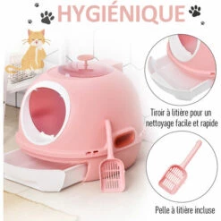PawHut Maison De Toilette Portable Pour Chat Tiroir à Litière Coulissant Porte Battante Lucarne + Pelle Fournis Dim. 47L X 55l X 44H Cm Rose - Rose -Promos Litière et bac à litière Magasin 25008011 5