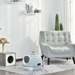 PawHut Maison De Toilette Portable Pour Chat Tiroir à Litière Coulissant Porte Battante Lucarne + Pelle Fournis Dim. 47L X 55l X 44H Cm Bleu - Bleu -Promos Litière et bac à litière Magasin 25257616 4