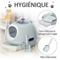 PawHut Maison De Toilette Portable Pour Chat Tiroir à Litière Coulissant Porte Battante Lucarne + Pelle Fournis Dim. 47L X 55l X 44H Cm Bleu - Bleu -Promos Litière et bac à litière Magasin 25257616 5
