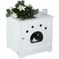 PawHut Maison De Toilette Pour Chat Design Porte Entrée Patte Chat 2 MDF Blanc