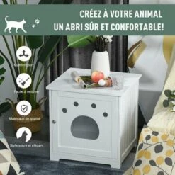 PawHut Maison De Toilette Pour Chat Design Porte Entrée Patte Chat 2 MDF Blanc -Promos Litière et bac à litière Magasin 28368958 4