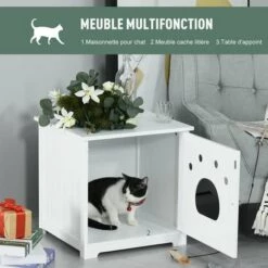 PawHut Maison De Toilette Pour Chat Design Porte Entrée Patte Chat 2 MDF Blanc -Promos Litière et bac à litière Magasin 28368958 5