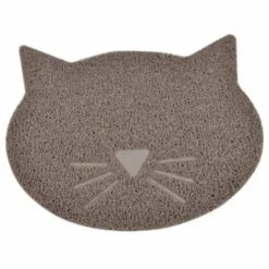 Paris Prix - Tapis Repas Pour Chat "tête De Chat" 43cm Taupe