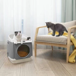 DADYPET Boite A Litiere Pour Chats A Cabine Double Free Cabine Design A Porte Double Porte D'Entree Superieure A Configurer Par L'Avant Avec Une Grande Cuillere A Litiere Pour Chat Ergonomique Grise, Gris -Promos Litière et bac à litière Magasin 33850187 4