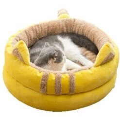 HANBING Meuble Pour Animaux De Compagnie Semi-fermé Confort Quatre Saisons Plus Nid En Velours Pour Chats Et Chiens | B Jaune ((S))