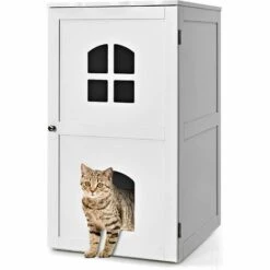 COSTWAY Maison De Toilette Pour Chat à 2 Couches Avec Fenêtre Croisée Et Trou De La Porte 60 X 50 X 90,5 Cm Charge Max 70KG Blanc