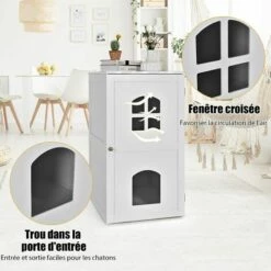 COSTWAY Maison De Toilette Pour Chat à 2 Couches Avec Fenêtre Croisée Et Trou De La Porte 60 X 50 X 90,5 Cm Charge Max 70KG Blanc -Promos Litière et bac à litière Magasin 44760225 3