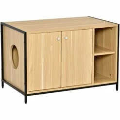 PawHut Maison De Toilette Pour Chat 2 Portes Avec Entrée Latérale 2 Niches Plateau Châssis Acier Panneaux Particules Aspect Bois Clair - Beige