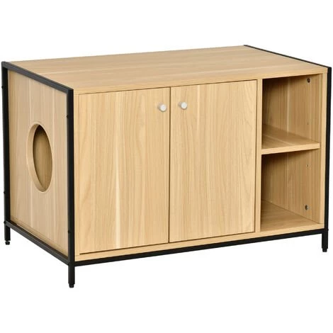 PawHut Maison De Toilette Pour Chat 2 Portes Avec Entrée Latérale 2 Niches Plateau Châssis Acier Panneaux Particules Aspect Bois Clair - Beige 3 PawHut Maison De Toilette Pour Chat 2 Portes Avec Entrée Latérale 2 Niches Plateau Châssis Acier Panneaux Particules Aspect Bois Clair - Beige
