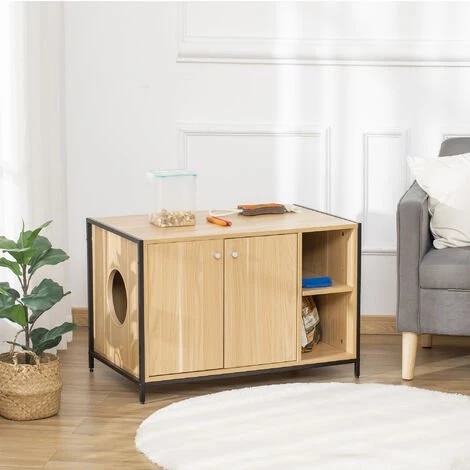 PawHut Maison De Toilette Pour Chat 2 Portes Avec Entrée Latérale 2 Niches Plateau Châssis Acier Panneaux Particules Aspect Bois Clair - Beige 4 PawHut Maison De Toilette Pour Chat 2 Portes Avec Entrée Latérale 2 Niches Plateau Châssis Acier Panneaux Particules Aspect Bois Clair - Beige – Image 2