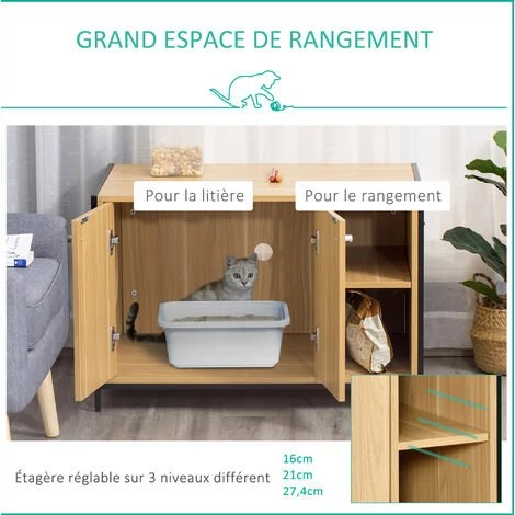 PawHut Maison De Toilette Pour Chat 2 Portes Avec Entrée Latérale 2 Niches Plateau Châssis Acier Panneaux Particules Aspect Bois Clair - Beige 6 PawHut Maison De Toilette Pour Chat 2 Portes Avec Entrée Latérale 2 Niches Plateau Châssis Acier Panneaux Particules Aspect Bois Clair - Beige – Image 4