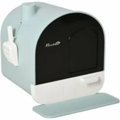 PawHut Maison De Toilette Bac à Litière Pour Chat Avec Porte Battante, Pelle Et Filtre Inclus Dim. 43L X 44l X 47H Cm PP Bleu - Bleu