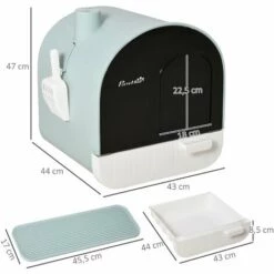 PawHut Maison De Toilette Bac à Litière Pour Chat Avec Porte Battante, Pelle Et Filtre Inclus Dim. 43L X 44l X 47H Cm PP Bleu - Bleu -Promos Litière et bac à litière Magasin 53569989 3