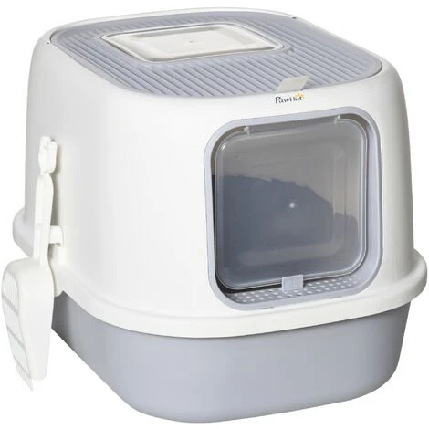 PawHut Maison De Toilette Litière Pour Chat Double Porte Battante Et Supérieure - Filtre Odeur + Pelle Fournis - Gris 3 PawHut Maison De Toilette Litière Pour Chat Double Porte Battante Et Supérieure - Filtre Odeur + Pelle Fournis - Gris