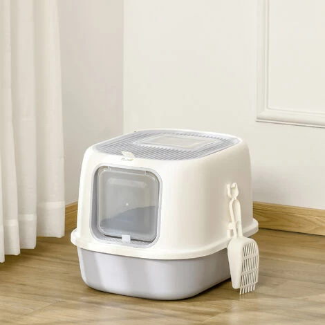PawHut Maison De Toilette Litière Pour Chat Double Porte Battante Et Supérieure - Filtre Odeur + Pelle Fournis - Gris 4 PawHut Maison De Toilette Litière Pour Chat Double Porte Battante Et Supérieure - Filtre Odeur + Pelle Fournis - Gris – Image 2
