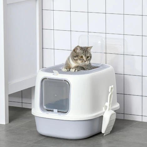 PawHut Maison De Toilette Litière Pour Chat Double Porte Battante Et Supérieure - Filtre Odeur + Pelle Fournis - Gris 6 PawHut Maison De Toilette Litière Pour Chat Double Porte Battante Et Supérieure - Filtre Odeur + Pelle Fournis - Gris – Image 4