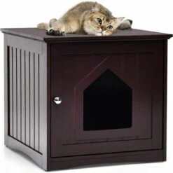 GOPLUS Maison De Toilette Pour Chat Enceinte En MDF, Meuble Cache Litière Chat Avec Portes E, Trous D’Aération, Table D’Appoint De Salon (Marron, Une Porte)