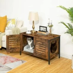 Maison De Toilettes Chat, Armoire De Rangement, Meuble Litiere Chat, Meuble Pour Litière Avec Portes à Persiennes, Pour Grands Et Petits Chats, Support En Forme De Tête De Chat Offert HOOBRO EBF06MW01 - Marron Rustique