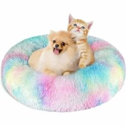 DENUOTOP Paniers Chat Chiens Lit Paniers Rond De 60 Cm, Coussin Animaux Donut De Compagnie Lavable Et Chaud Super Doux Et Confortable Pour Petits Chiens Et Chats - Coloré
