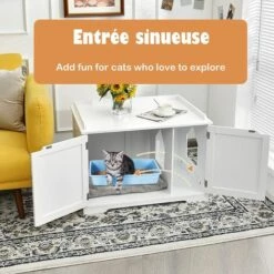 GOPLUS Maison De Toilette Pour Chat Enceinte En MDF, Meuble Cache Litière Chat Avec Portes E, Trous D’Aération, Table D’Appoint De Salon 75 X 54 X 52cm(Blanc, 2 Portes) -Promos Litière et bac à litière Magasin 60113018 4