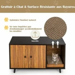 GOPLUS Maison De Toilette Pour Chat En Bois, Meuble De Rangement Double Portes Avec Grattoir à Chat Pour Salon, Entrée, Couloir, 90 X 50 X 50 CM -Promos Litière et bac à litière Magasin 60909228 3