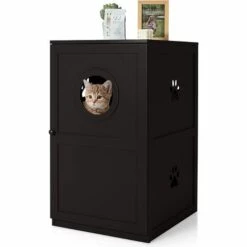 COSTWAY Meuble à Litière à 2 Niveaux, 60 X 53 X 90 CM, Maison De Toilette Pour Chat Avec Plusieurs Évents Et Trou D'Entrée, Café