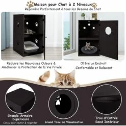 COSTWAY Meuble à Litière à 2 Niveaux, 60 X 53 X 90 CM, Maison De Toilette Pour Chat Avec Plusieurs Évents Et Trou D'Entrée, Café -Promos Litière et bac à litière Magasin 61219904 3