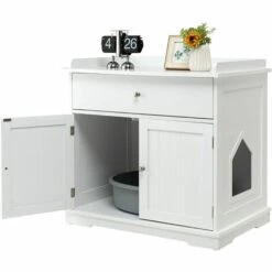 COSTWAY Enceinte De Bac à Litière Pour Chat, Meubles De Toilette Cachés Pour Chat Avec Tiroir Et 2 Portes, Table D'Appoint Pour Chat, Meubles Modernes Pour Bac à Litière Cachée Pour Chat