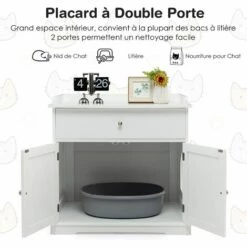 COSTWAY Enceinte De Bac à Litière Pour Chat, Meubles De Toilette Cachés Pour Chat Avec Tiroir Et 2 Portes, Table D'Appoint Pour Chat, Meubles Modernes Pour Bac à Litière Cachée Pour Chat -Promos Litière et bac à litière Magasin 65695420 5