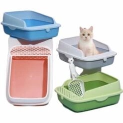 WIAN Bac à Litière Pour Chat Ouvert Garde-corps Haut Bac à Litière Pour Chat Grand Espace étanche Toilette Pour Chat Semi-fermée, 40*30*16cm, Bleu